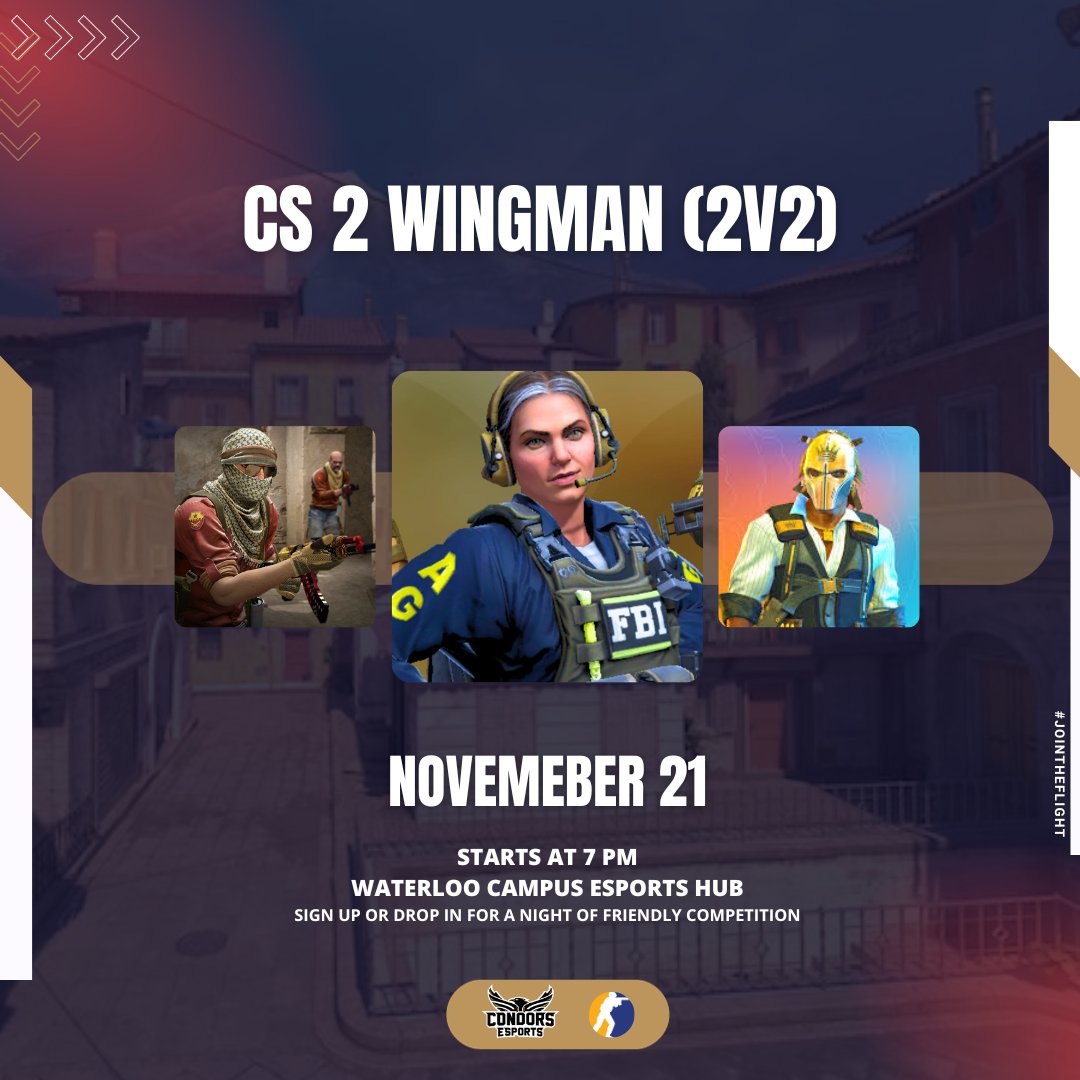 condorsesports's tweet photo. Lock and load for the CS 2 Wingman battle! 🎮 Dive into the fray on Nov 21 with intense 2v2 action. Ready for the challenge? Register now. #CETournaments #CondorsEsports #CS2Wingman https://t.co/FqYfIIFmo4
