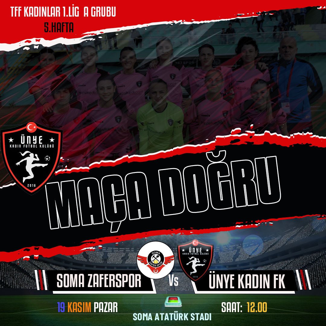 TFF Kadınlar 1.Lig A Grubu'nda 10 puanla lider durumda bulunan Ünye Kadın Futbol Kulübü takımımız 19 Kasım Pazar günü Soma deplasmanında Soma Zaferspor ile karşı karşıya gelecek. Takımımıza başarılar diliyoruz....