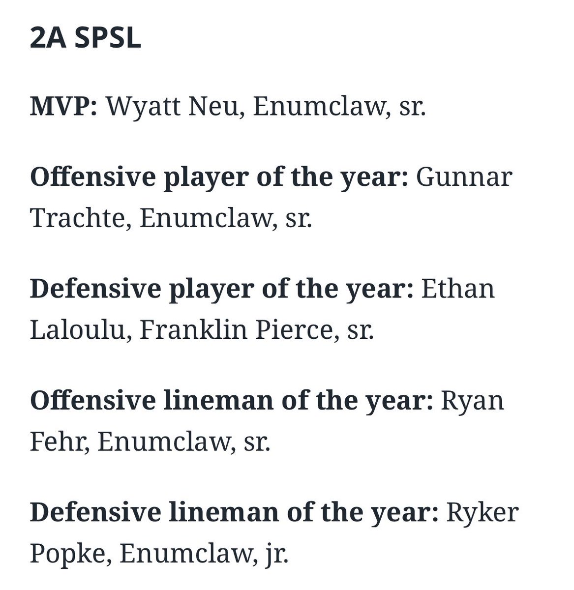 I am very grateful and honored to announce that I have been selected as the 2A SPSL MVP. Thank you to all my coaches and teammates and those who have supported me throughout this season to accomplish such an award. We’re not done yet!!
<a href="/Weareenumclaw/">Enumclaw Football</a> <a href="/JTERogan/">J.T. Rogan</a> <a href="/NickFarman55/">Nick Farman M.S.</a>