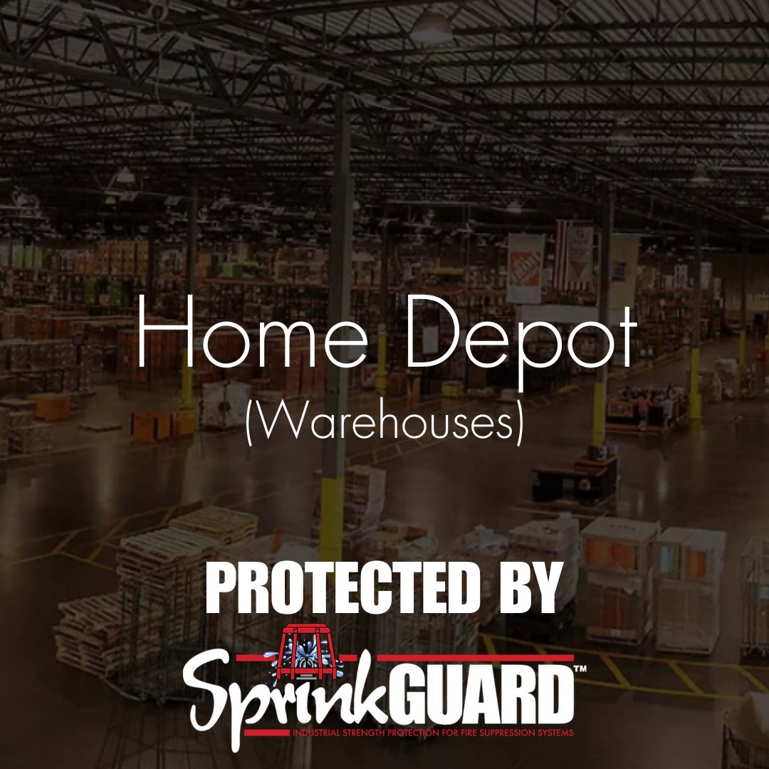 Home Depot utilizes SprinkGUARD sprinkler head guards to protect their warehouses because SprinkGUARD has the strictest protection for fire sprinkler heads. #HomeDepot #SprinkGUARD #fireprotection #sprinklerheadguards #safetyfirst #facilityprotection #headquarterssecurity