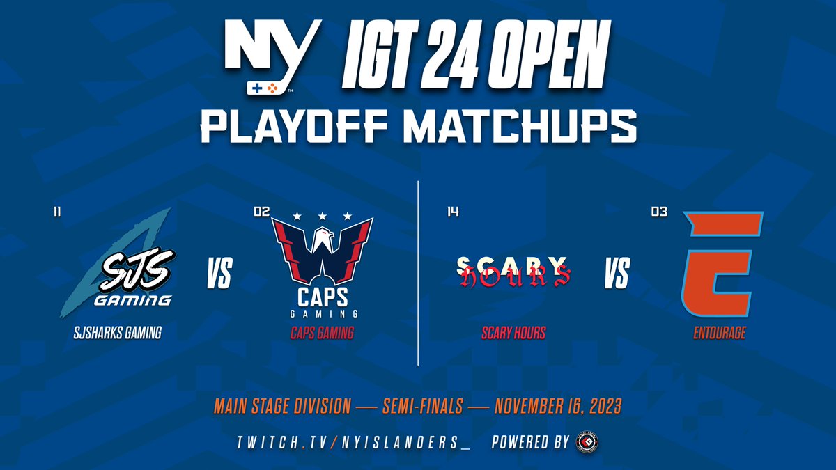 The Final 4⃣ in the IGT 24 Open resumes tonight

<a href="/SJSharksGaming/">SJSharks Gaming</a> 🆚 <a href="/capsgaming/">Caps Gaming</a> 
<a href="/ScaryHours6s/">Scary Hours</a> 🆚 <a href="/EntourageNHL/">Entourage</a> 

Tune in as we cover both series
🕘 9pm et
🎙️ <a href="/davoscast/">Davos or Davis🎙</a> &amp; <a href="/GrizGoal/">GrizGoal 🎙️</a> 
📺 twitch.tv/nyislanders_