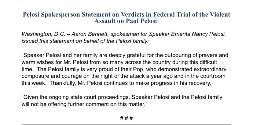 StephanieABC7's tweet image. Statement on behalf of Speaker Emerita Nancy Pelosi — “Speaker Pelosi &amp;amp; her family are deeply grateful for the outpouring of prayers &amp;amp; warm wishes for Mr. Pelosi from so many across the country during this difficult time.  The Pelosi family is very proud of their Pop.”
#abc7now