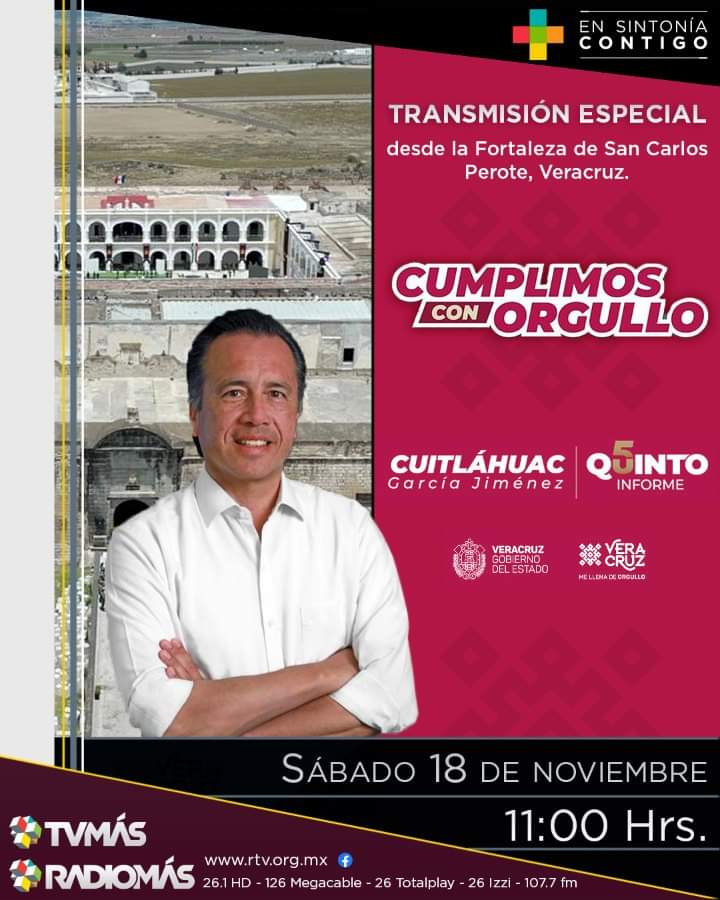 Les invitamos para que el próximo sábado 18 de noviembre sintonicen a través de las redes sociales oficiales, el #5toInformeVeracruz del gobernador @CuitlahuacGJ, desde la emblemática Fortaleza de San Carlos en Perote en punto de las 11:00 horas