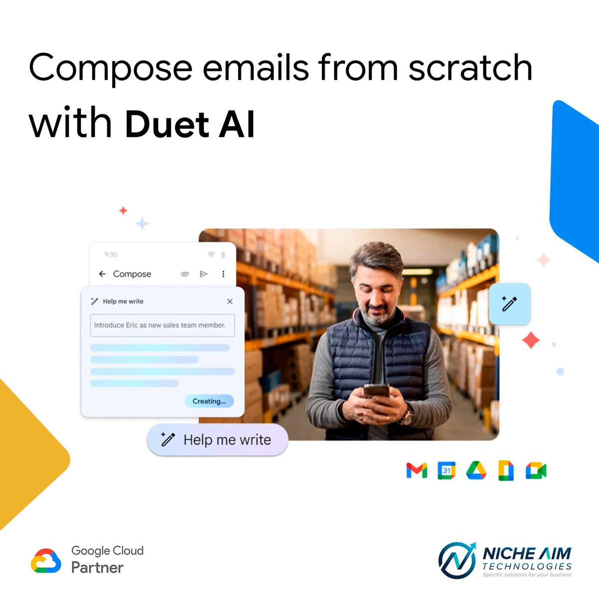 nicheaimtech's tweet photo. Duet AI allows users to use the power of AI to automate tasks In Gmail, you can use artificial intelligence to compose emails from scratch or to enhance drafts you have already written.

To learn more visit us at: https://t.co/e9um6x8OGq 

#GoogleCloud #Workspace #GoogleWorkspace https://t.co/b27aOHEDX1
