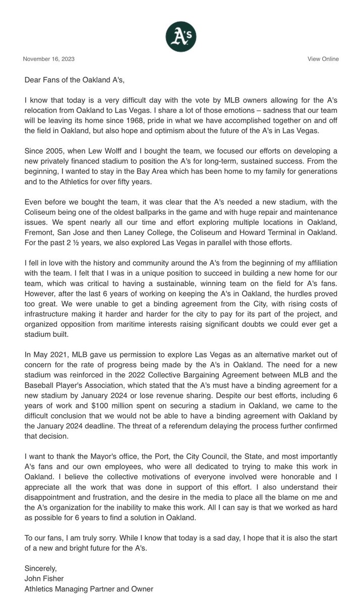 Britt_Ghiroli's tweet photo. A letter from John Fisher to A’s fans: https://t.co/DVOQCiN9Fj