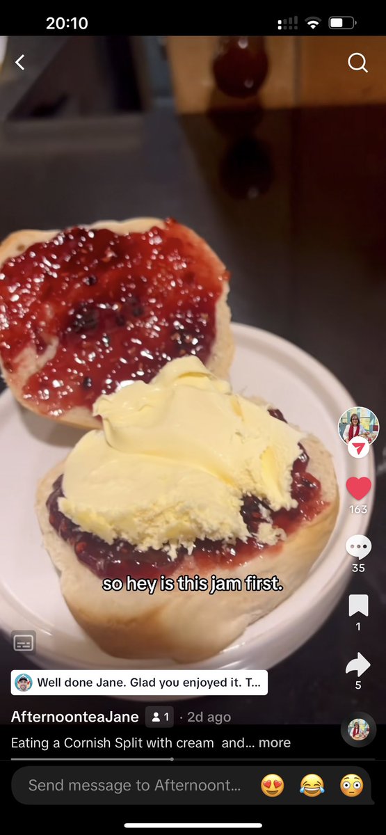 Jam_First's tweet photo. It was a big week for Jane @englishcreamtea this week #CreamTeaHour. She had her FIRST #CornishSplit. Ahhh bless! 💜 #JamFirst. #BringBackTheSplit https://t.co/zByizrksAc
