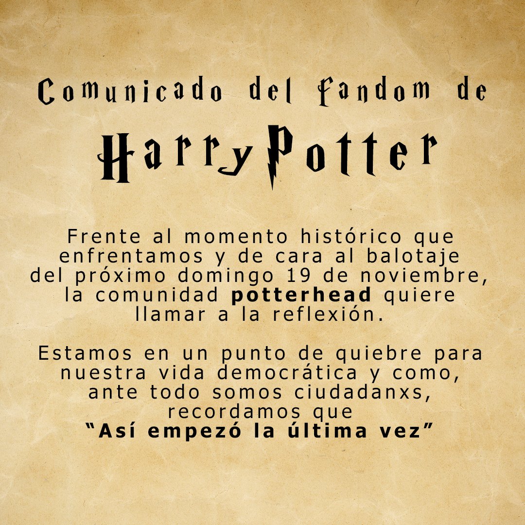 ProfetaArgen's tweet photo. COMUNICADO DE LOS FANS DE HARRY POTTER de cara al ballotage del 19 de Noviembre

Lxs Potterheads dicen #MileiNO https://t.co/UOy6O7zskK