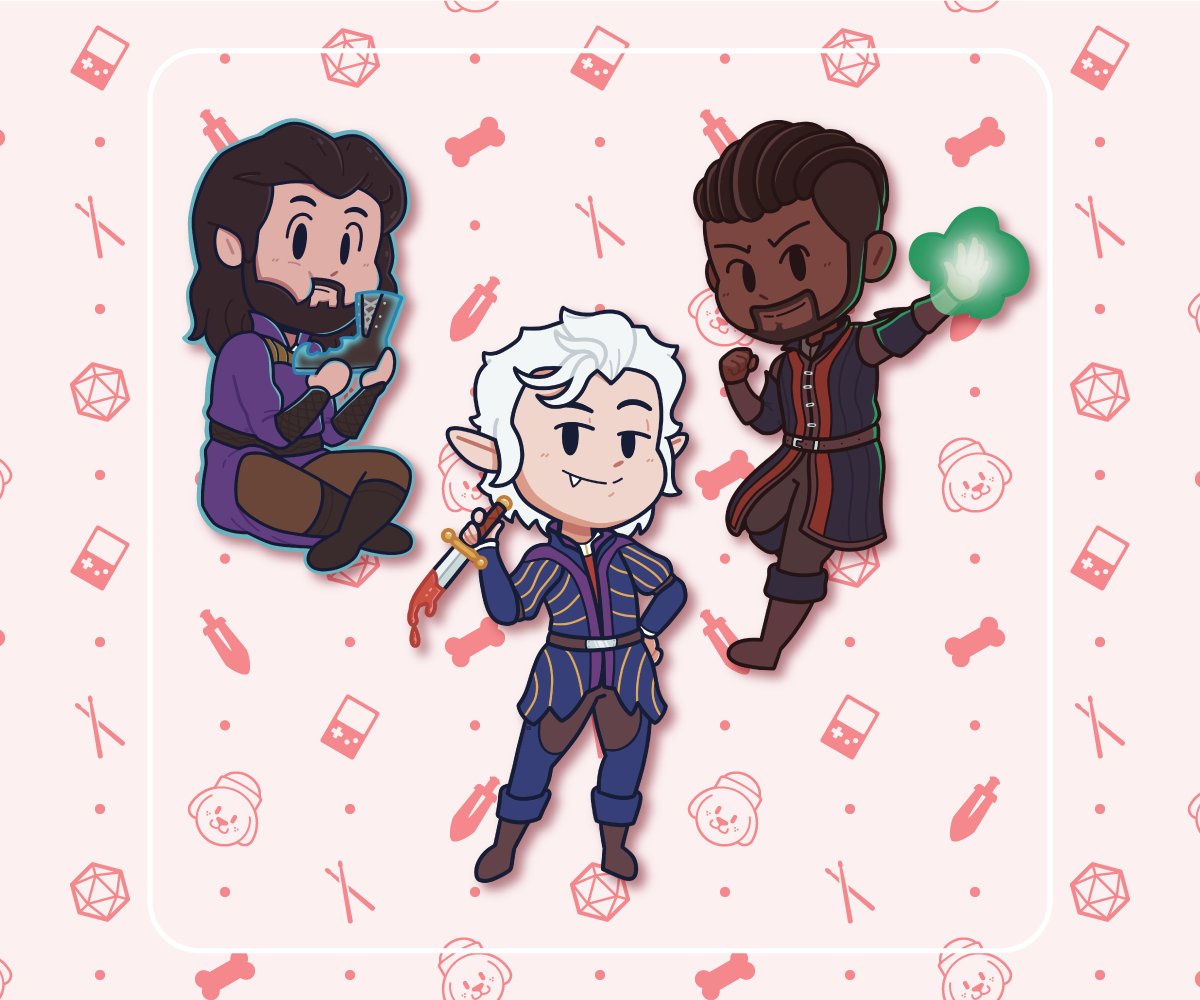 HatDogDesigns's tweet photo. It's the guys turn to be cute! c:
Stickers to follow soon too!
#bauldersgate3 #BG3fanart #Gale #Astarion #Wyll https://t.co/DBMcuthzm8