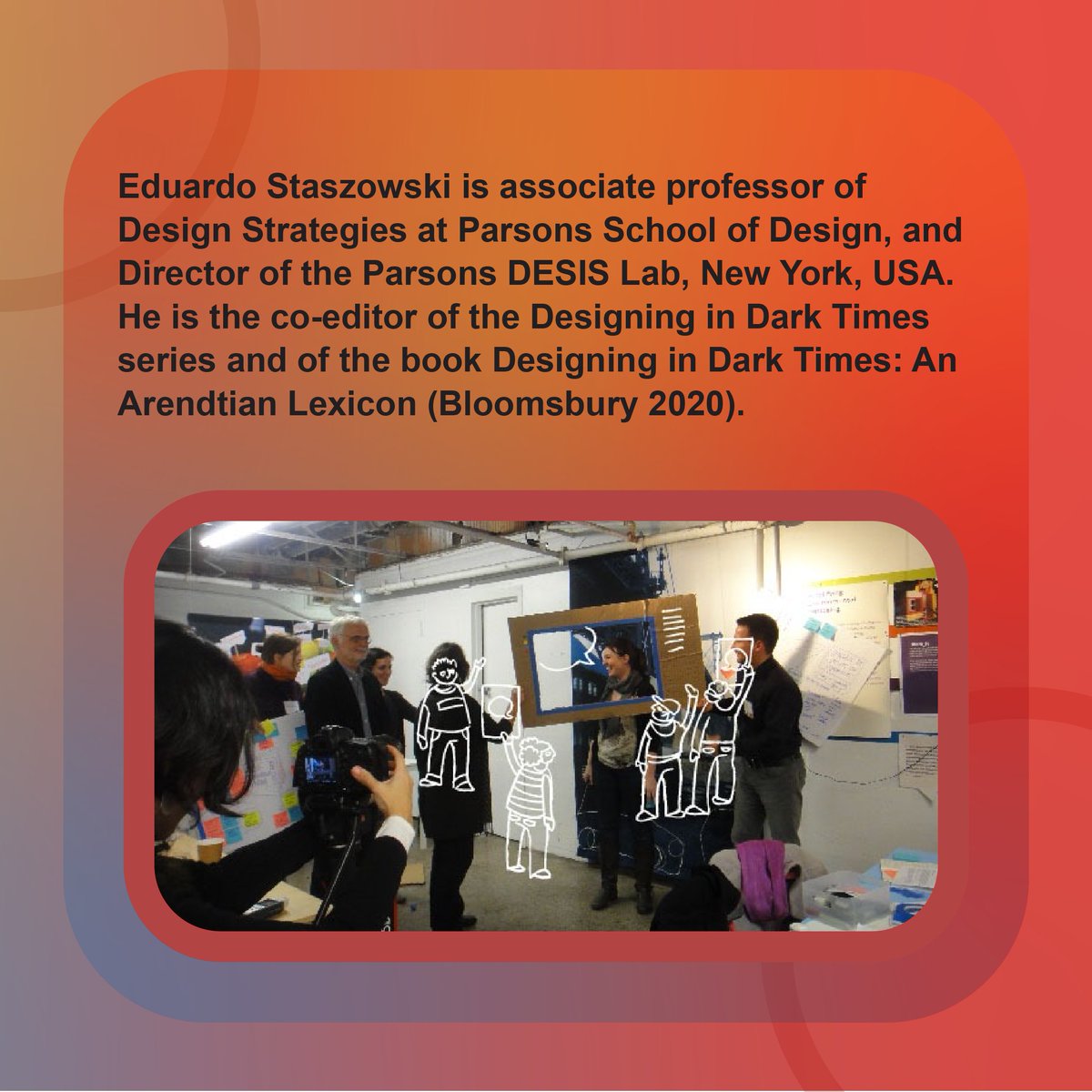 Join us tomorrow in the Level 12 lecture theater (370 Jay) for a guest lecture from designers @LaraSPenin & Eduardo Staszowski. Talk starts at 3pm, food will be served. Penin is a Professor of Transdisciplinary Design at @parsonsdesign, @TheNewSchool. She is the co-founder of