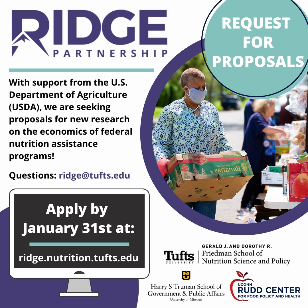 Researchers - looking for #funding for your next project? The RIDGE program is now accepting proposals! 🍎 With support from @USDANutrition, we are looking for #research ideas related to the economics of federal #nutrition assistance programs. More: ridge.nutrition.tufts.edu