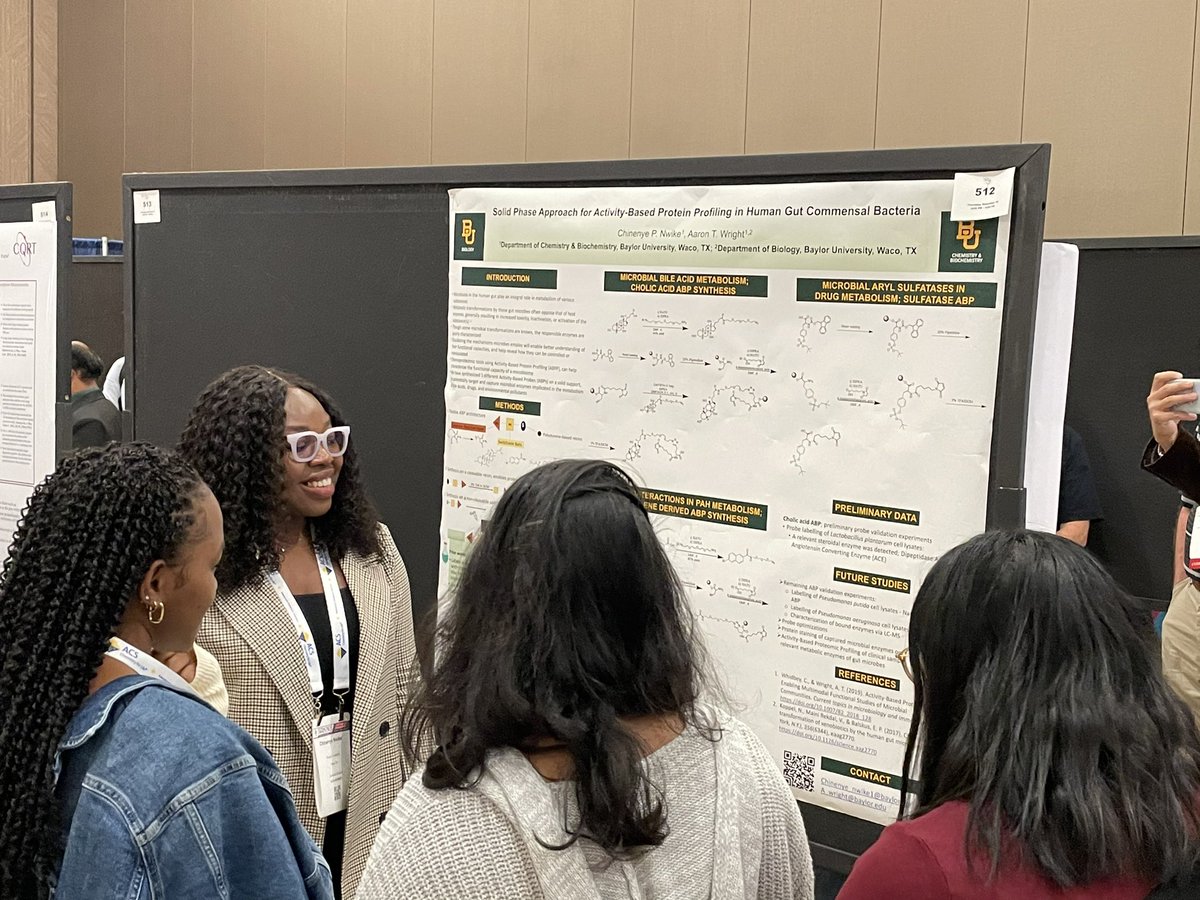 WrightGroupBU's tweet photo. Chinenye Nwike (2nd year PhD student) presenting her research @swrmacs. Sheโs got a great new approach to activity based probe syntheses. If youโre in OKC, run, donโt walk, to see her poster! #SWRM2023 https://t.co/55OWbInOpi