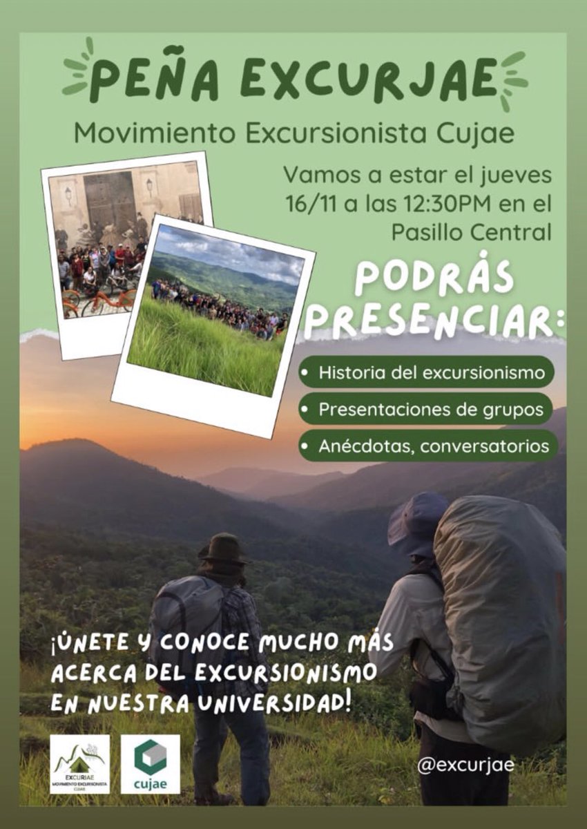 Muy buenas las dos actividades de hoy jueves, nuestra Peña de Excursionismo y el abanderamiento de la <a href="/AlmaCujae/">Alma Cujae</a> para el <a href="/MarabanaOficial/">Marabana</a> con <a href="/GattoMarabana/">Carlos Gattorno Corr</a> 

Q se repitan estás actividades!!!