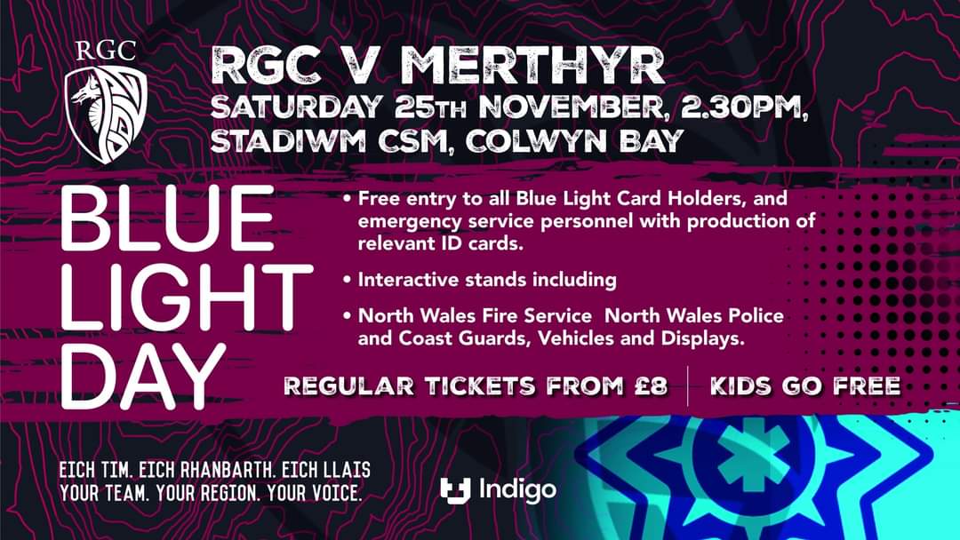 🔵𝘽𝙡𝙪𝙚 𝙇𝙞𝙜𝙝𝙩 𝘿𝙖𝙮🔵

Saturday 25th November vs <a href="/RFCMerthyr/">Merthyr RFC 🏉</a>, 2.30pm

Free entry to all Blue Light Card Holders/emergency service personnel with production of relevant ID cards.

Interactive stands including 

North Wales Fire Service, Police and Coast Guards