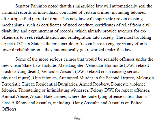 📢 Statement by @NYSenPalumbo on the signing of the 'Clean Slate Act.' 'Under one-party rule, New York continues down a dangerous path, one that continues to put the rights of criminals above those of victims, law enforcement and the public good.”💬 Read the full statement 👇