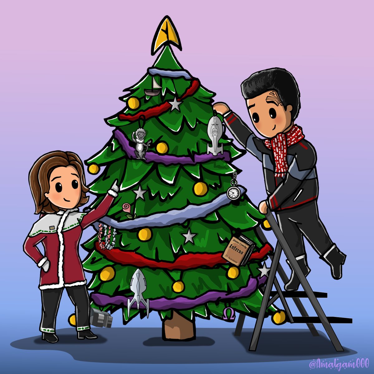 Amalgam000_JC's tweet photo. Tree decorating, #JC style!🎄
"A little bit more to the right..." 😆🥰 
Wherever you are I hope this brightens your day (and your Holiday season!) ❤️🖖
#CartoonVoyager #JanewayxChakotay #StarTrekVoyager #Fanart #holidayseason #Janeway #Chakotay #JCfanart #StarTrek #FlightOfFancy https://t.co/vPLpUWgYh8