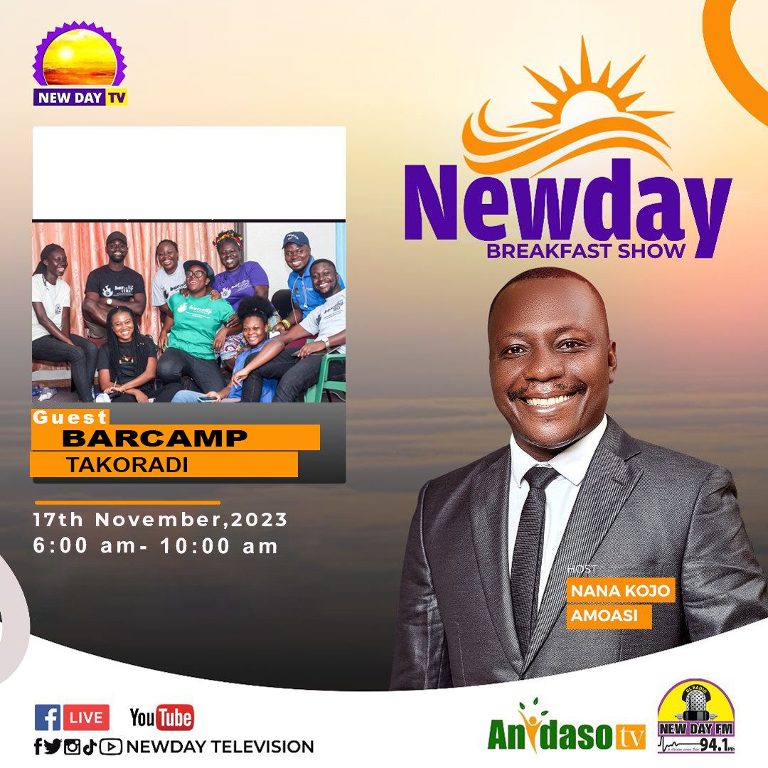 Barcampghana's tweet photo. Join us on the Newday Breakfast Show to talk about @BarcampTakoradi on Friday, November 17, 2023 within 6-10am. 
#ff @newday68242 
https://t.co/56suw7LINA

Finance, Quality, Innovation.
#Takoradi #Sekondi #BarcampTakoradi #TakoradiKonnect #bctdi https://t.co/vCcOfM1BaR