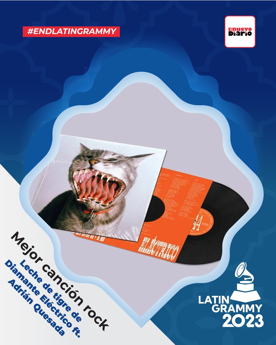 elnuevodiariord's tweet photo. La 24.ª edición de los @LatinGRAMMYs se celebra en el Palacio de Congresos y Exposiciones de #Sevilla, #España, y a continuación te mostramos los ganadores de distintos renglones. 🧵👇

🏆 Mejor canción rock: "Leche de tigre" de @Diamantelectric ft. @adrianmquesada. https://t.co/F1X71rMSrN