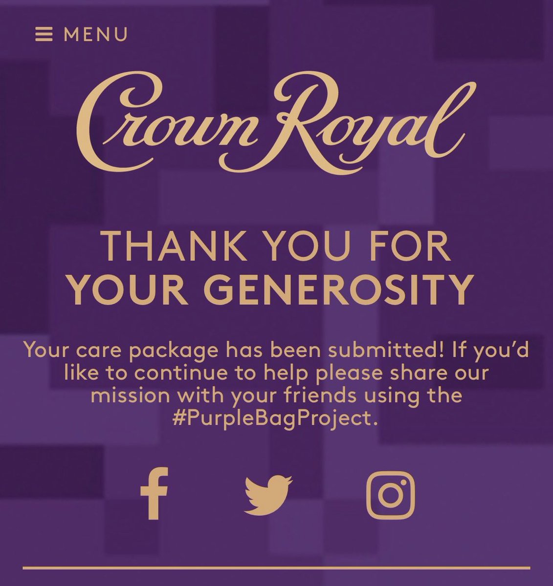 This holiday season you can support our troops overseas through the #PurpleBagProject & it’s free to do so! 

Hats off to @CrownRoyal for their generosity & efforts in supporting our soldiers & vets! 💜🇺🇸🎅