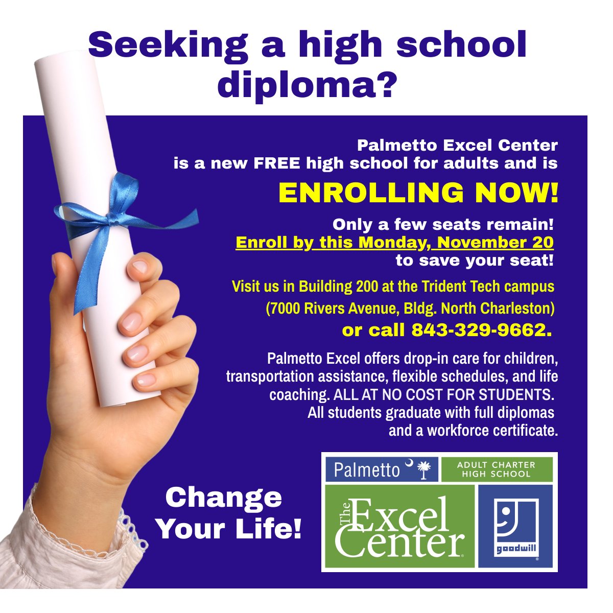 🎓 Discover your pathway to success at the Palmetto Excel Center! 🌟  Enrollments are currently OPEN for individuals in the Charleston area  who are ready to earn their high school diploma and excel in their  educational journey. Join us today to unlock a brighter future! ✨