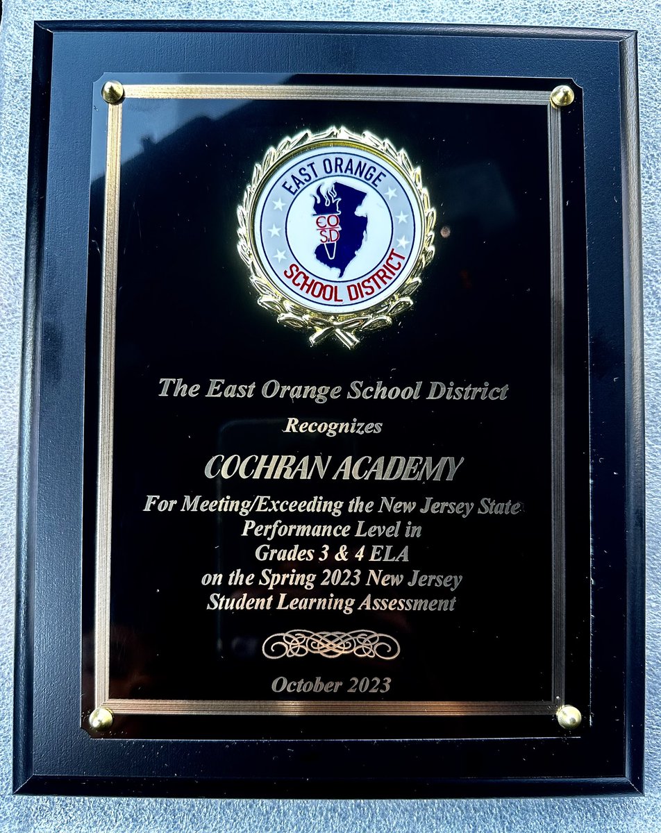 Accepted on behalf of Cochran Academy’s outstanding teachers, staff, students, and dedicated parents for achievement on the 2023 state exam (NJSLA). Sincere thanks to the East Orange School District!  #NJSLA #CochranAcademy #BeGreatByChoice