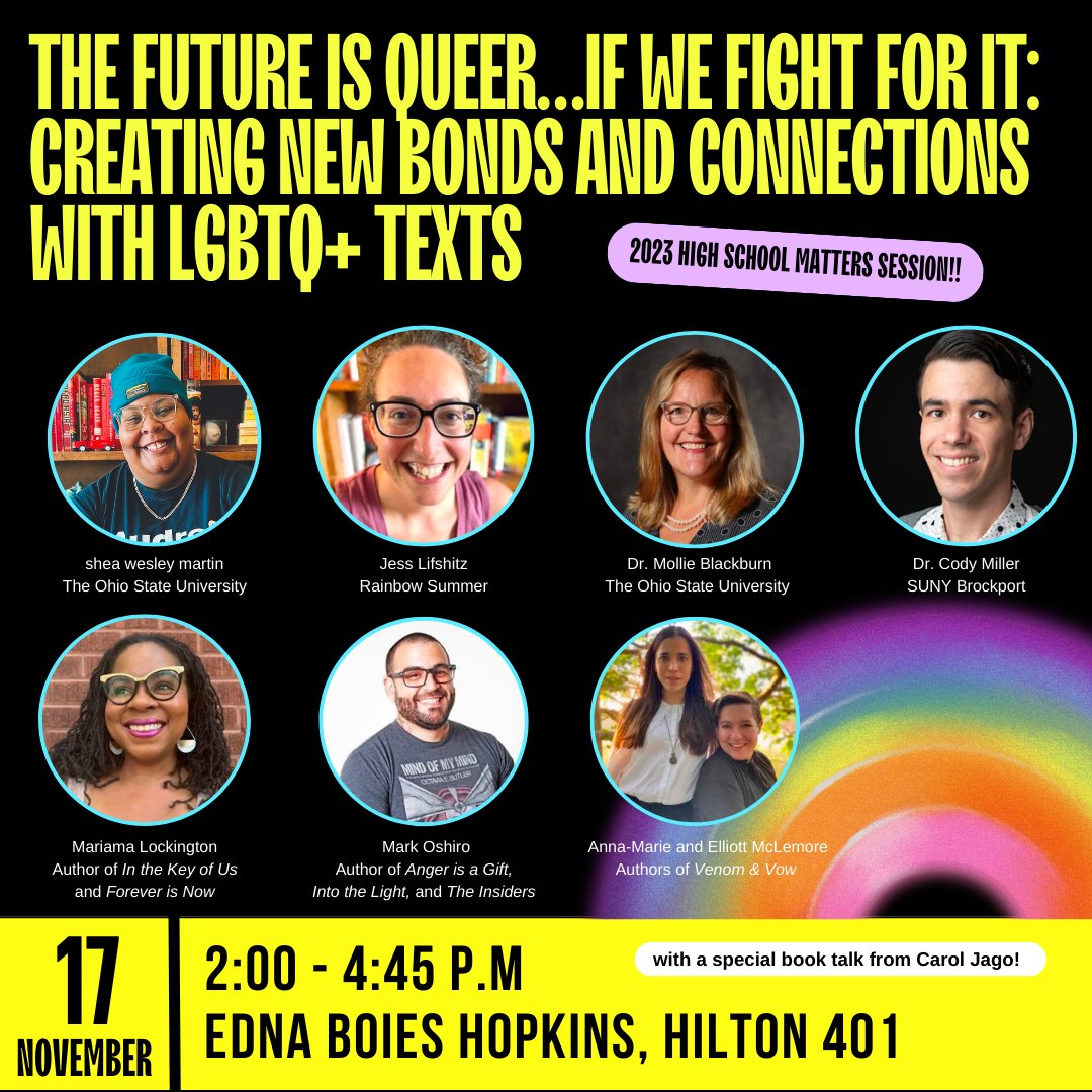 According to @ALALibrary, 7 of the most challenged books last year featured necessary LGBTQ+ narratives. Join us Friday at @ncte's High School Matters session where we'll spread some queer joy, raffle off books, and discuss reading/teaching LGBTQ+ texts. See you there, #NCTE23.