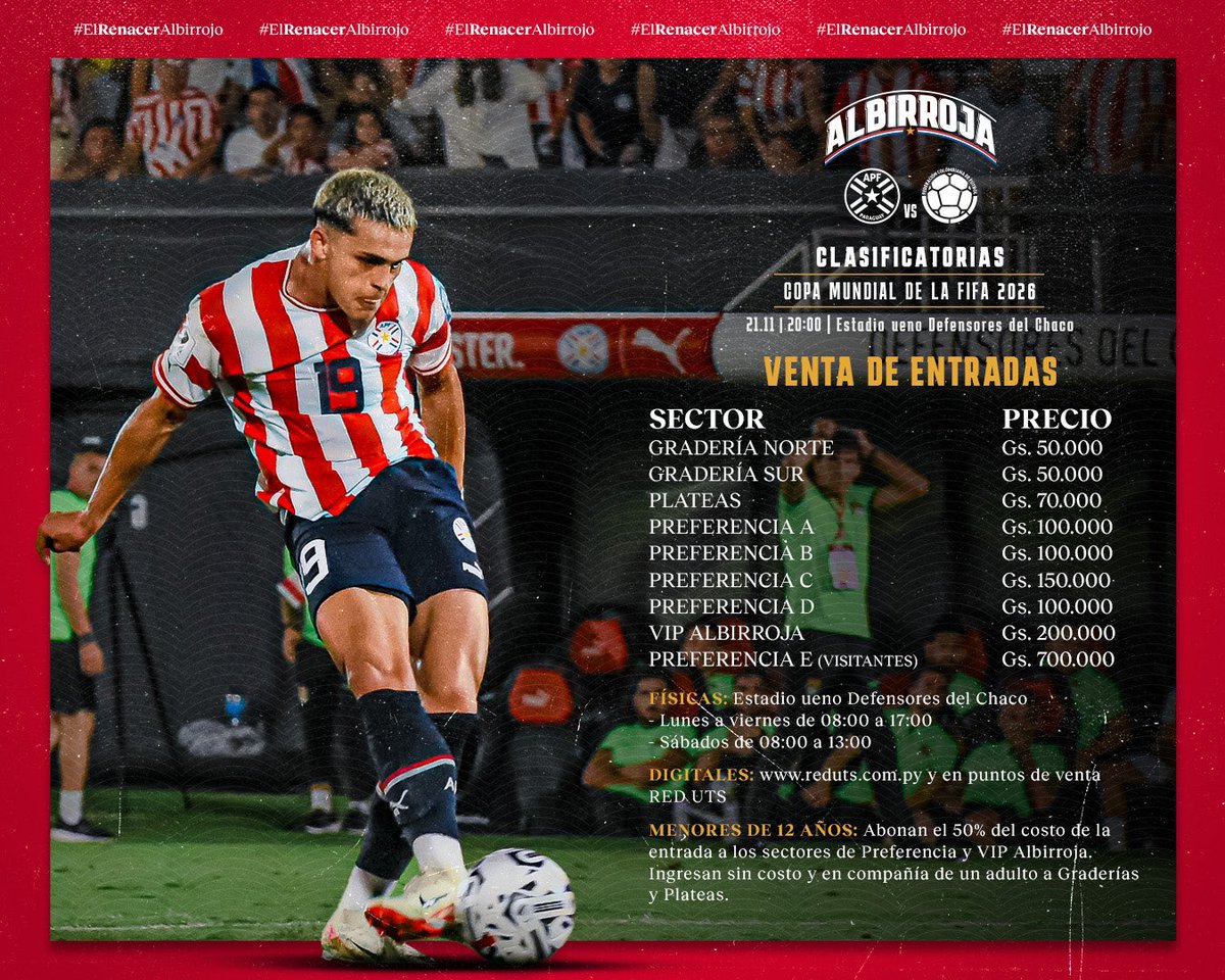 Albirroja's tweet photo. ¡Este martes, todos con la #Albirroja ⚪🔴! 

👉 Seguí adquiriendo tus entradas físicas para el partido de #Paraguay 🆚 #Colombia.
📅 Fecha 6 - Clasificatorias 2026
✍ 21 de noviembre

🎫 Entradas digitales en @RedUTS_Py: https://t.co/lXmPCY510l

⚠️ Los sectores de preferencias y VIP Albirroja serán 𝐧𝐮𝐦𝐞𝐫𝐚𝐝𝐚𝐬.

Toda la info en el siguiente enlace: https://t.co/dvlGQtAVQ9

#VamosParaguay 🇵🇾
#ElRenacerAlbirrojo 🙌