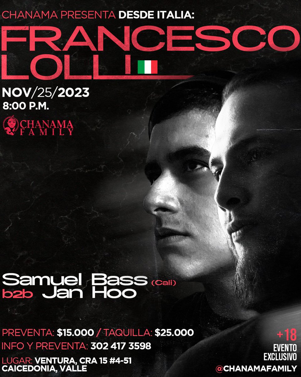 ChanamaFamily's tweet photo. Con ustedes el primer support que nos estará acompañando este 25 de noviembre junto a Francesco Lolli desde Italia. Samuel Bass artista colombiano radicado en Cali, DJ y productor de música electrónica, nos estará acompañando en un contundente b2b junto a Jan Hoo Dj residentede. https://t.co/Pd45xBKwFe
