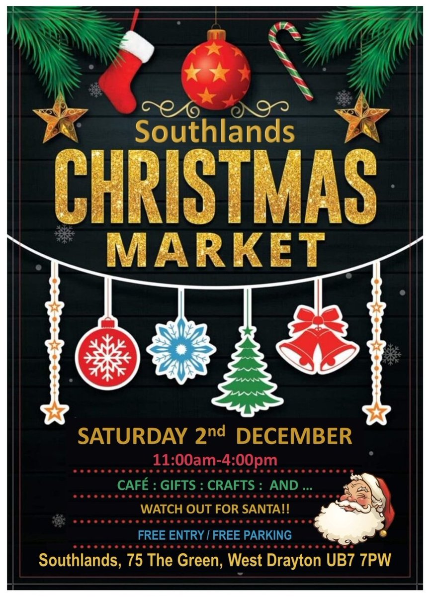 Good evening @HillingdonHour 

Another forthcoming event in #WestDrayton. The @Southlands_Arts
Christmas Market.

📍Southlands, 75 The Green, West Drayton, UB7 7PW
📅 Saturday 2nd December from 11am to 4pm

#Hillingdon #HillingdonHour