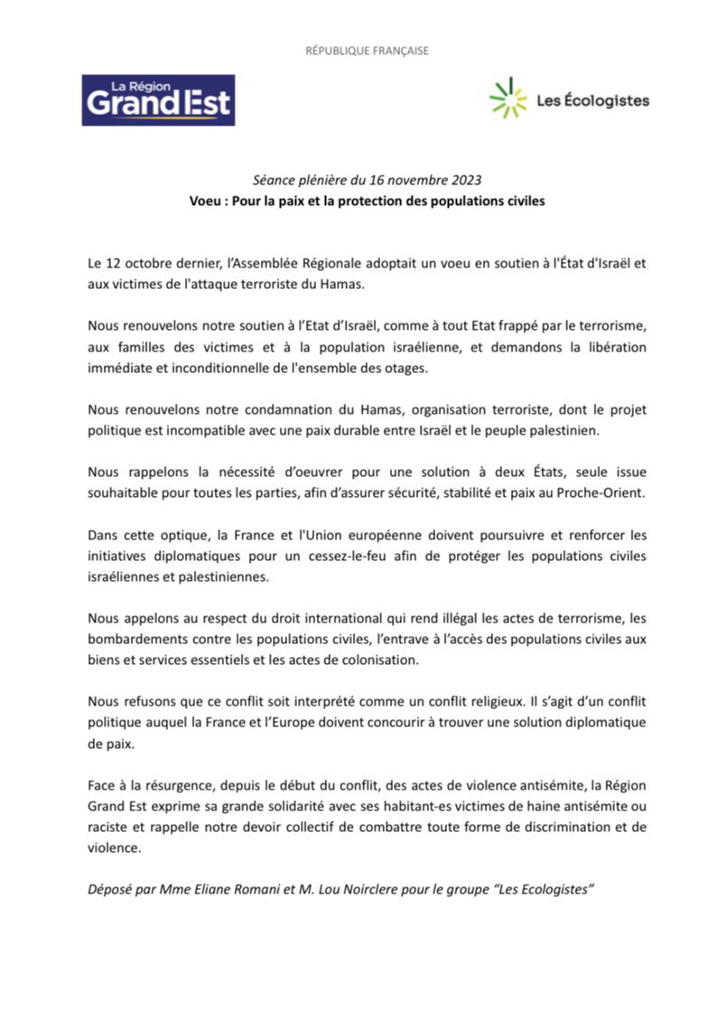 👉 Voeu déposé ce jour en séance plénière du Conseil Régional du #GrandEst : la France et l’Union Européenne doivent agir pour le cessez-le-feu.

❌ Voeu refusé par la @MajoriteGE qui persiste ainsi dans son refus d’appeler au respect du droit international.

#SPNov23