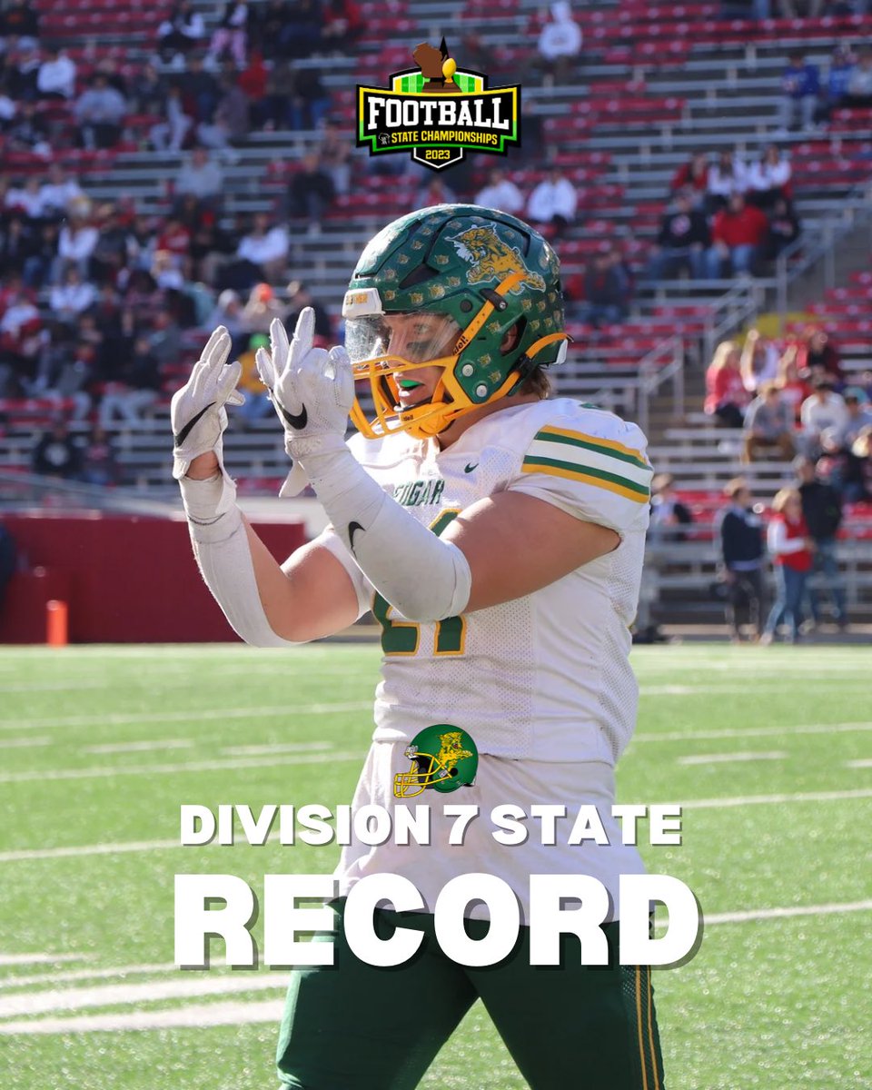 wiaawistate's tweet photo. 🚨 STATE RECORD 🚨

Karter Butt of Edgar broke the WIAA Division 7 Football State Record for Most Rushing Touchdowns with 5! This also ties the all time record across all divisions for Most Rushing Touchdowns #wiaafb #staterecord https://t.co/TZFa1oT0FB
