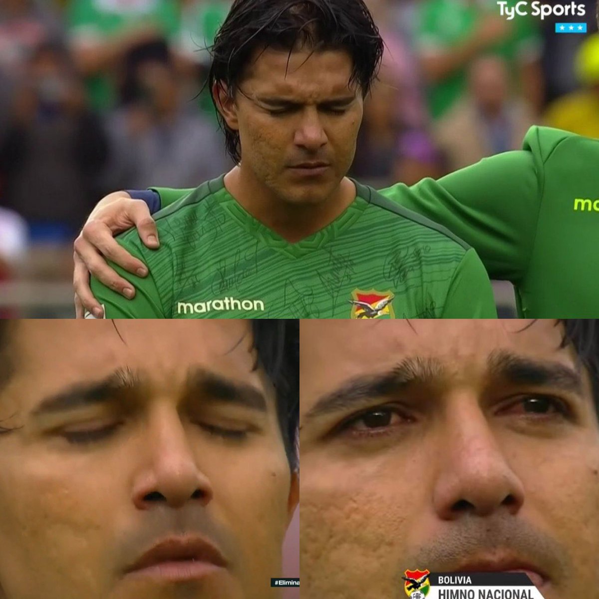 OficialSala12's tweet photo. A emoção de Marcelo Moreno ao ouvir o hino da Bolívia pela última vez jogando em casa. Hoje já teve assistência do homem.

Marcelo Moreno é o 3° maior artilheiro da história das Eliminatórias Sul-Americanas.

Só Messi e Suárez marcaram mais gols que ele. https://t.co/JFtJZThJ4F