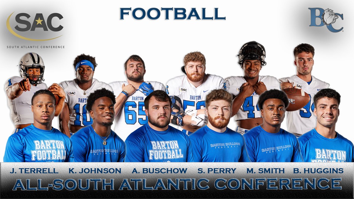Congrats to Barton's Jordan Terrell, Kameron Johnson, Alex Buschow, Shane Perry, Matt Smith and Bear Huggins:  2023 All-<a href="/SAC_Athletics/">South Atlantic Conference</a> Football honorees! . #BartonBold . #BCBulldogs . <a href="/barton_fb/">BartonCollegeFB</a> . 🏈🏈🏈🏈🏈 . bit.ly/47gY1hg