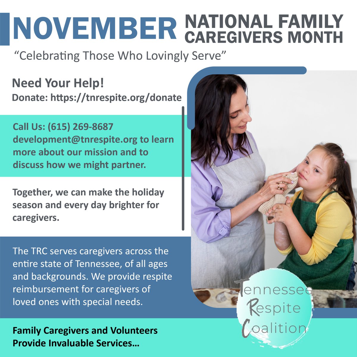 To celebrate National Family Caregiving Month , TRC is embarking on a campaign to raise $50,000 which will enable us to provide respite vouchers and assist caregivers during the holidays. Help us bring joy and relief this month. DONATE NOW #caregiving #care #healthcare #respite