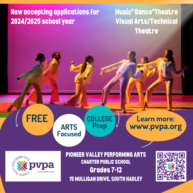 HilltwnFamilies's tweet image. Lottery applications for the 2024/25 school year at Pioneer Valley Performing Arts Charter Public School in South Hadley are welcomed for grades 7-12. Apply by 2/11/24 for a chance to join an arts-centered &amp;amp; creative learning community. conta.cc/3sErDGd  🎭🎨🎼 #PVPA