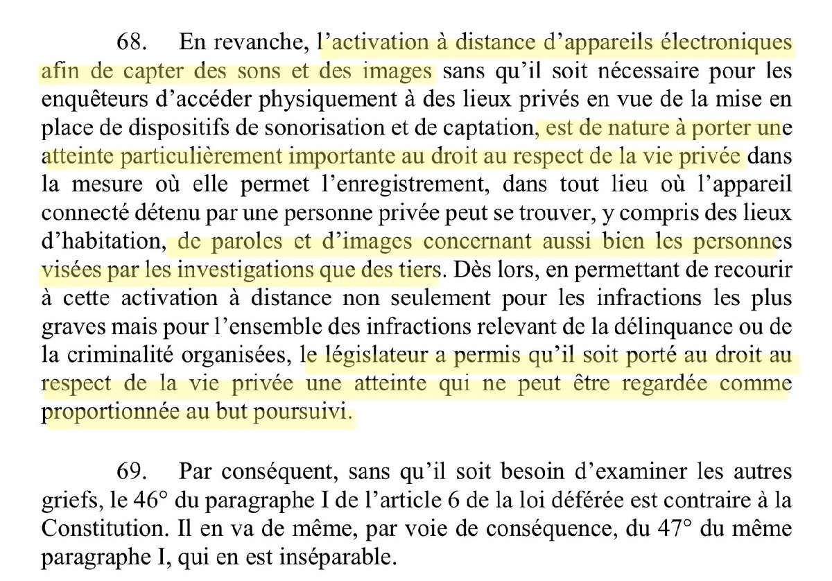 N_Hervieu's tweet photo. Vie privée : Le @Conseil_constit censure le (très critiqué) dispositif d’activation à distance d’appareils électroniques (dont téléphone) pour capter des sons &amp; images.

Car crée "une atteinte particulièrement importante" &amp; "disproportionnée" au droit au respect de la vie privée. https://t.co/2SvslIOHzW