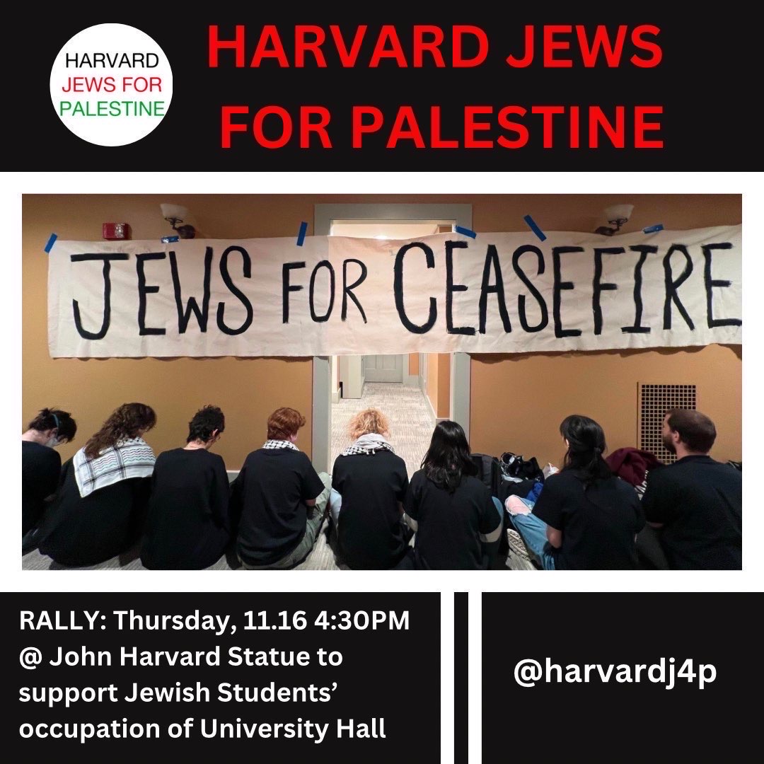 HarvJ4P's tweet photo. Happening in 1 hour! Meet us at University Hall to show solidarity for the Jews and allies sitting in! https://t.co/CqgoTbz7qK