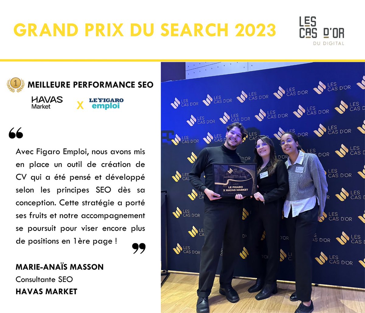 [LIVE] <a href="/Havas/">Havas</a> Market France gagne le Prix #OR 🥇 lors du Cas d’Or Grand Prix du Search 2023 dans la catégorie Prix de la meilleure performance SEO pour <a href="/LeFigaro_Emploi/">Le Figaro Emploi</a> !
 
#casdor #performance #search #ecommerce