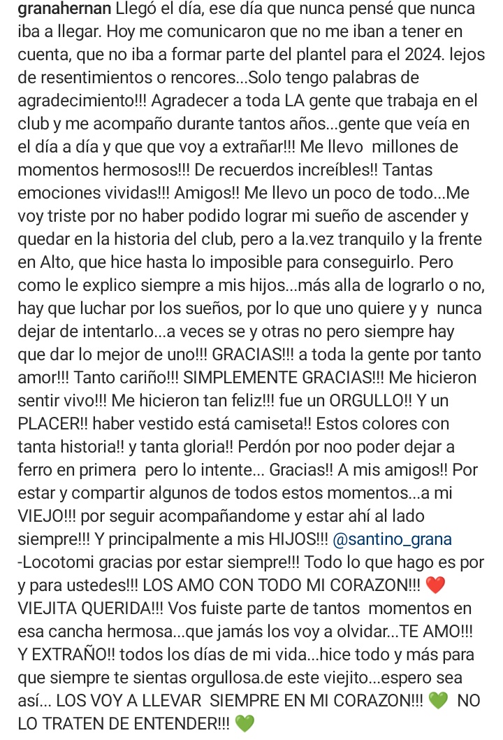 ElShowdeFerro's tweet photo. ATENCIÓN
Hernán Grana dejó de ser jugador de #Ferro. 

La despedida del capitán 💚.

Lo intentaste como todos nosotros. Nunca lo olvidaremos. https://t.co/vGyJchvQKz