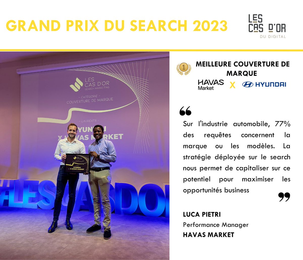 [LIVE] Nous venons de recevoir le prix OR lors du Cas d’Or Grand Prix du Search 2023 dans la catégorie Prix de la meilleure couverture de marque pour @HyundaiFrance ! 🥇

#casdor #performance #search #ecommerce