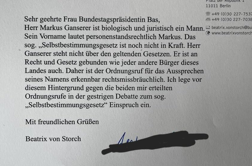 Beatrix_vStorch's tweet photo. Die gestrige Debatte zum sog. #Selbstbestimmungsgesetz eskalierte - wie zu erwarten. Weil die Ampel genau DAS wollte. Nur die AfD weiss: es ist eine biologische Tatsache, dass es #nurzwei Geschlechter gibt und man kann es sich nicht aussuchen. Die Linke Bundestagsvizepräsidentin Pau überzog mich mit Ordnungsrufen und dann noch einem Ordnungsgeld. Dagegen habe ich mich gewehrt - doch mein Einspruch wurde heute abgewiesen. Auch die CDU/CSU findet, dass man Markus Ganserer nicht so nennen darf- weil er eine Frau sein möchte. Mut zur Wahrheit! Dieser Mut ist heute dringender nötig denn je. Wer die Wahrheit kriminalisiert, ist ein Gegner unseres freiheitlichen Rechtsstaats. Wir werden jeden einzelnen Tag für Freiheit und das Recht kämpfen!