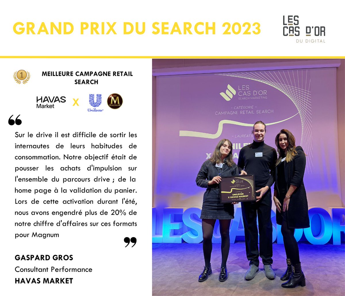 [LIVE] Nous sommes très heureux d’avoir remporté le Prix #OR 🥇 au Cas d’Or Grand Prix du Search 2023 pour la meilleure campagne Retail #Search chez <a href="/UnileverFR/">Unilever France</a> 🏆✨

#casdor #performance #search #ecommerce