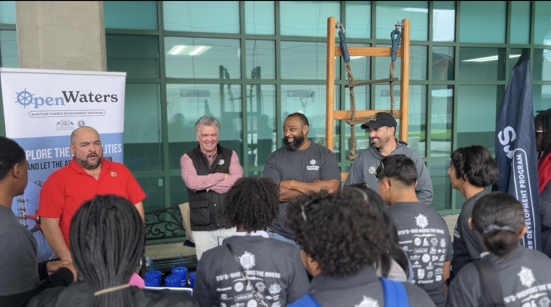 OpenWatersLA's tweet photo. Yesterday Open Waters had the privilege of joining an educational event hosted by our partner @RiverWorksD at @PortNOLA. We set out to inspire and educate middle and high school students about the exciting career opportunities awaiting them in the maritime industry. #OpenWaters https://t.co/J7EolxSINJ