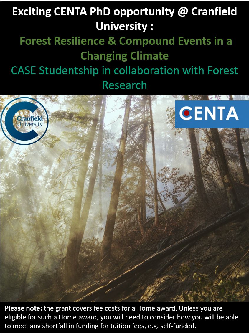 Exciting PhD opportunity looking at compound extremes & forest disturbances with  @Forest_Research. Using #EO, #climatedata, #MachineLearning & field surveys. Note: Funding covers Home award fees. Apply: twtr.to/jxWhm #PhD #Forestry #ClimateChange #Conservation #CENTA