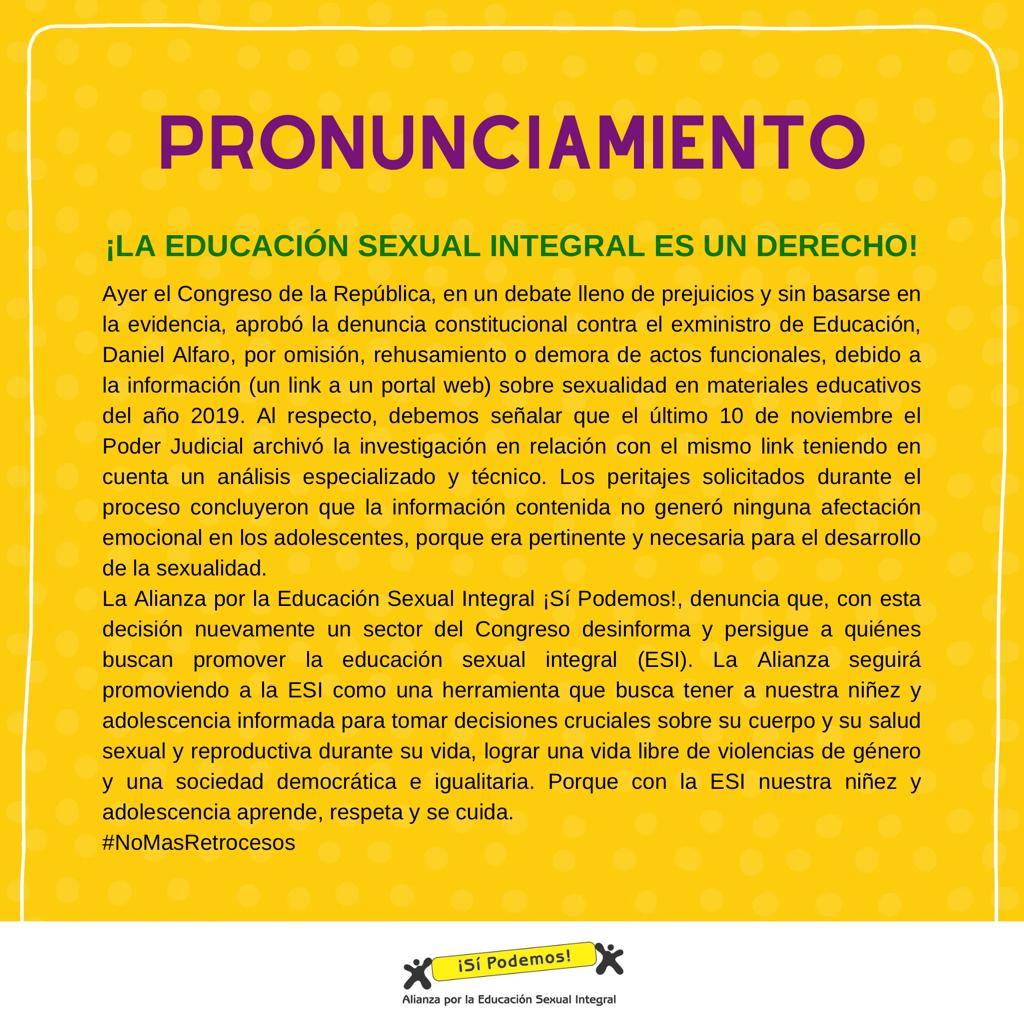 Desde la Alianza por la #EducaciónSexualIntegral ¡Sí Podemos rechazamos y nos pronunciamos ante denuncia constitucional contra el ex Ministro de Educación, Daniel Alfaro, <a href="/danielalfarop_/">Daniel Alfaro</a> , aprobada por el <a href="/congresoperu/">Congreso del Perú 🇵🇪</a>
#ESI es un derecho #LeyESIAhora