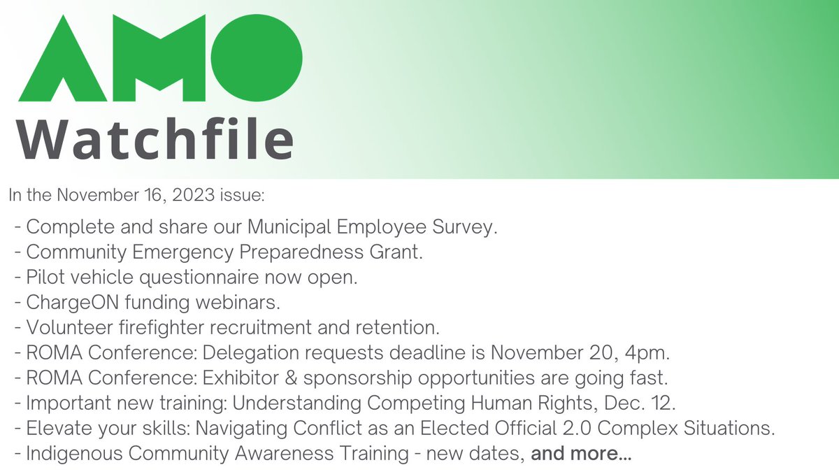AMOPolicy's tweet image. Do you work for a municipality? We want to hear from you. AMO is surveying municipal employees in Ontario to learn about their work experience. Find a link to the survey, and a roundup of municipal news and events, in this week&apos;s WatchFile: amo.informz.ca/informzdataser…