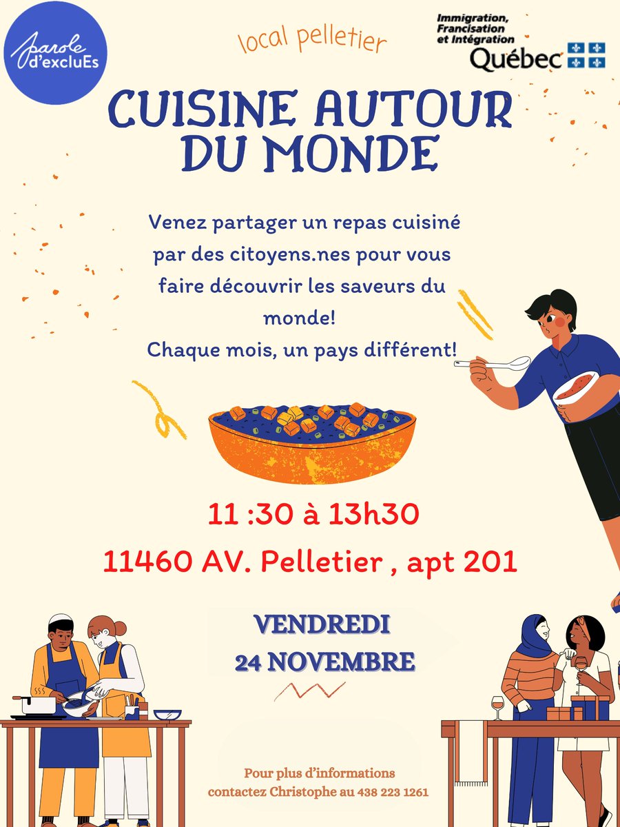 Souhaites-tu partager ta culture et découvrir d’autres cultures ? Faire de nouvelles rencontres, connaître ton voisinage ? 
Rendez-vous à la CUISINE AUTOUR DU MONDE le 24 novembre prochain