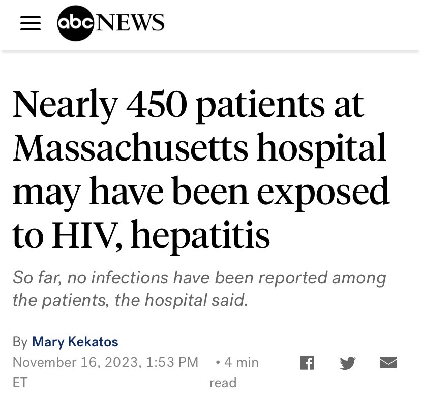 “Nearly 450 patients undergoing endoscopy at the hospital -- located 20 miles northeast of Boston -- may have been exposed over a period of two years.” abcnews.go.com/Health/450-pat…