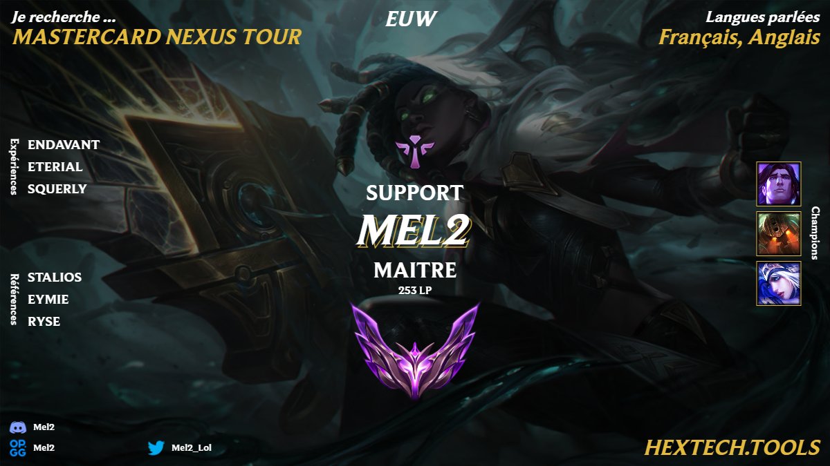 Hey, LFT au poste de support, j'ai swap il y a 1 mois et j'ai déjà atteint mon peak elo !
Je suis confiant et je pense avoir un très bon potentiel à ce rôle qui me convient bien mieux
On vise avec  <a href="/Ozkkan/">sefa</a> le top8 après nos perfs convaincantes de 2023
Discord: Mel2
<a href="/LoL_LFT_Fr/">LoL LFT Fr</a>
