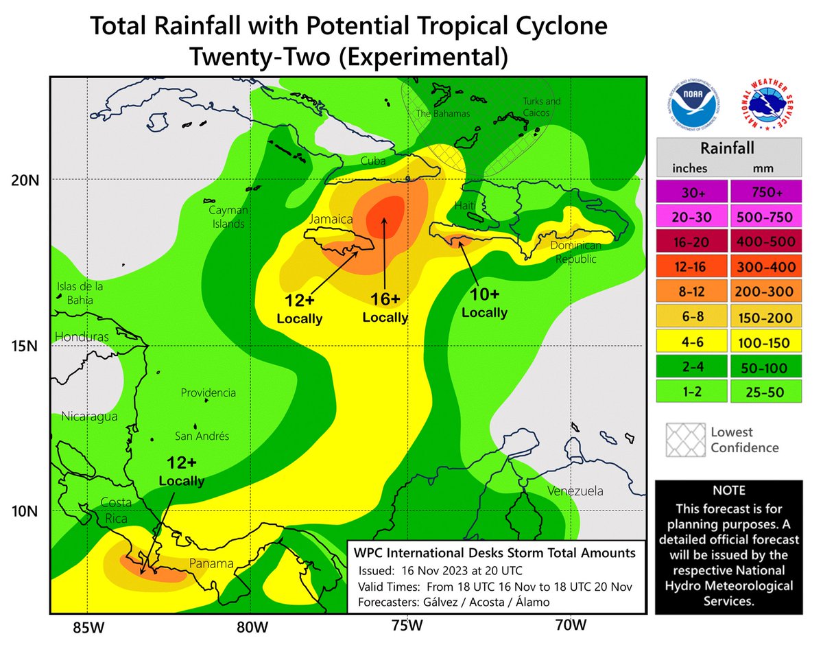 VortixWx's tweet photo. #tropicswx #22L:
So now as mentioned, TS Watches are up for #Jamaica, E #Cuba, #Haiti & SE #Bahamas & #TurksAndCaicos. It’s expected to become a TD soon, followed by a TS before landfall in 🇯🇲. It will soon get absorbed by a front on Sunday but not before dropping a lot of rain in some of these countries.