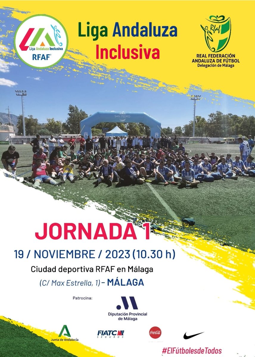 RFAFMalaga's tweet photo. 😁 ¡𝘌𝘭 𝘍𝘶𝘵𝘣𝘰𝘭 𝘦𝘴 𝘥𝘦 𝘛𝘖𝘋@𝘚!

🔜 Este domingo, en la Ciudad Deportiva de la RFAF en Málaga, nuestros equipos de la #LigaAndaluzaInclusiva tienen una gran cita

😉 ¡NOS VEMOS ESTE DOMINGO 16 A LAS 10:30H! https://t.co/QBmKdq1s16